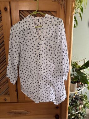 White Button-Up Blouse, 3/4 sleeves with Black Leaf Print